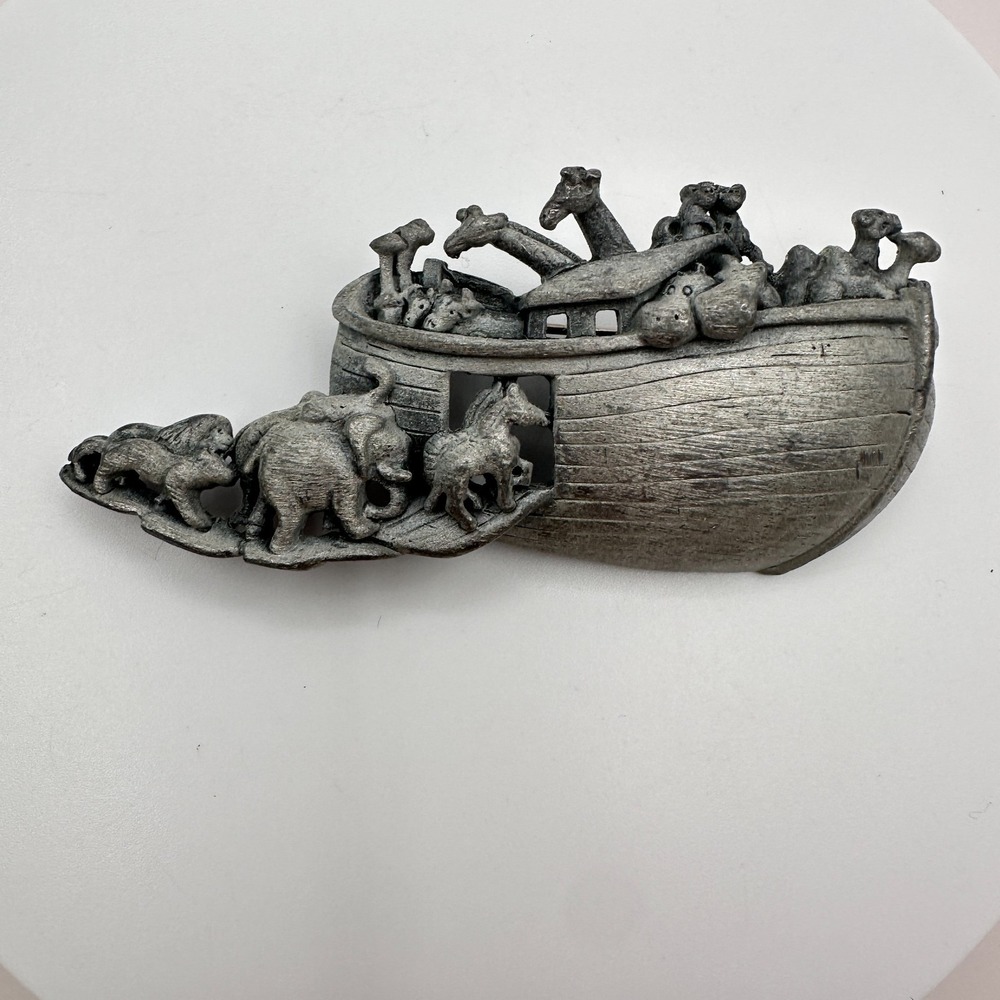 Vintage 80s Pewter Noah's Ark Animal Brooch Pin 3D Structure Silver Tone Jewelry
